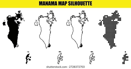 Manama mapa da cidade esboça coleção quatro estilos diferentes sólido branco contorno ponto mosaico formas usadas para marcadores de localização