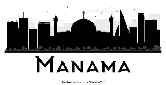 Manama City skyline black and white silhouette. Vector illustration. Simple flat concept for tourism presentation, banner, placard or web. Business travel concept. Cityscape with landmarks