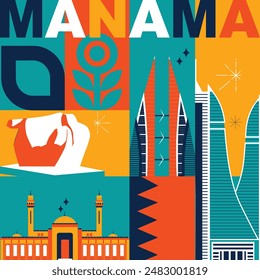 Manama culture travel set, video split screen, famous architecture in flat design. Business travel, tourism concept clipart. Image for presentation, banner, website, advert, flyer, roadmap, icon