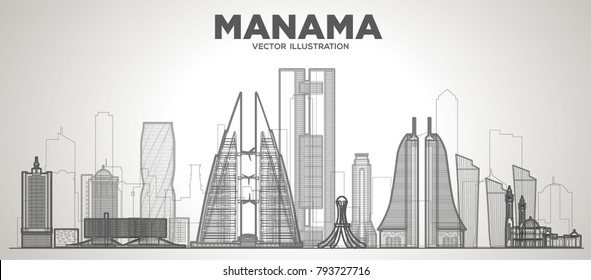 Manama line city skyline on a white background. Flat vector illustration. Business travel and tourism concept with modern buildings. Image for banner or web site.