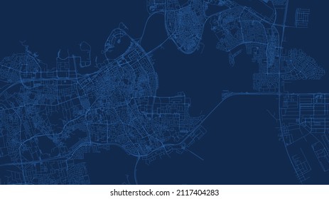Manama map city poster province, blue horizontal background vector map. Municipality area road map. Widescreen Bahrain capital skyline panorama.