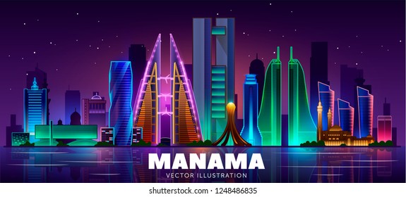 Manama night skyline (Bahrain). Vector illustration. Business travel and tourism concept with modern buildings. Image for banner or web site