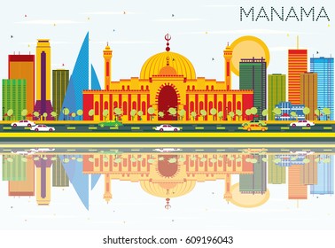 Manama Skyline with Color Buildings, Blue Sky and Reflections. Vector Illustration. Business Travel and Tourism Concept with Modern Architecture. Image for Presentation Banner Placard and Web Site.