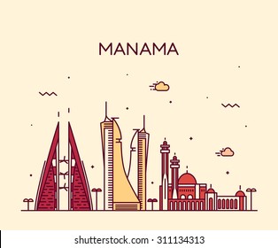 Manama skyline, detailed silhouette. Trendy vector illustration, linear style.