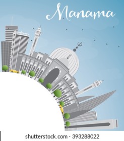 Manama Skyline with Gray Buildings and Copy Space. Vector Illustration. Business Travel and Tourism Concept with Modern Buildings. Image for Presentation Banner Placard and Web Site.