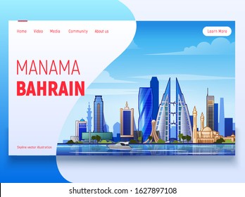 Manama skyline. Landing Page Template.Bahrain. Flat vector illustration with most famous buildings. Business travel and tourism concept with modern buildings. Image for banner or web site. 