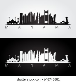 Manama skyline and landmarks silhouette, black and white design, vector illustration. 