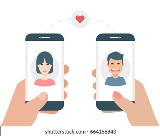 Manand Woman  Hand Holding Smartphone With Heart Emoji Message On Screen, Like Button. Love Confession. Social Network And Mobile Device. Flat Design Vector Illustration.
