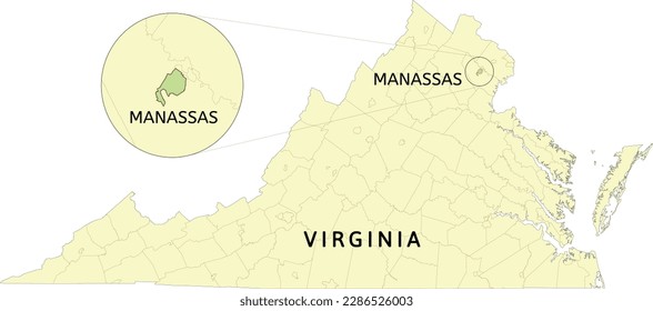 Manassas independent city location on Virginia state map