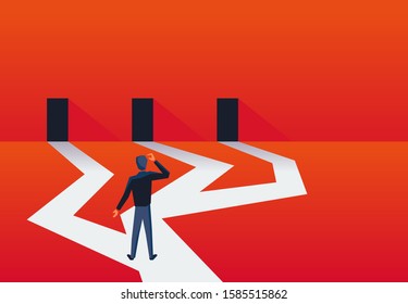 Manat crossroads before important choice (correct decision choosing) -  in low poly style stands in front of three doors - vector illustration for business concept or political voting