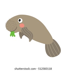 Manatee animal cartoon character isolated on white background.