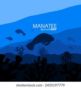 Manatee Appreciation Day event banner. The atmosphere in the sea with manatees, fishes, coral and bold text to commemorate on March