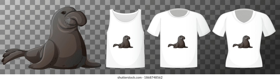 Manatee cartoon character with many types of shirts on transparent background illustration