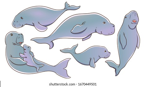 Manatee Dugong (sea Cow) Cartoon Set
