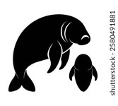 manatee family silhouettes set in black color simple and clean vector illustration on a white background.
