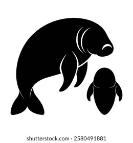 manatee family silhouettes set in black color simple and clean vector illustration on a white background.
