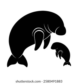 manatee family silhouettes set in black color simple and clean vector illustration on a white background.
