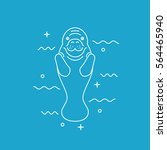 Manatee icon on blue background. Stock vector illustration of sea cow dugong swimming alone.