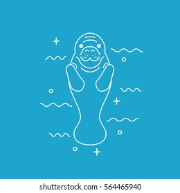 Manatee Icon On Blue Background. Stock Vector Illustration Of Sea Cow Dugong Swimming Alone.