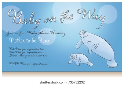 Manatee mother and baby swimming in ocean water for a baby shower card or invitation.