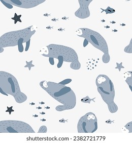 Manatee. Ocean animals seamless pattern. Cute scandi background for fabric, wrapping, textile, wallpaper, apparel.