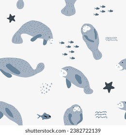 Manatee. Ocean animals seamless pattern. Cute scandi background for fabric, wrapping, textile, wallpaper, apparel.