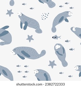 Manatee. Ocean animals seamless pattern. Cute scandi background for fabric, wrapping, textile, wallpaper, apparel.