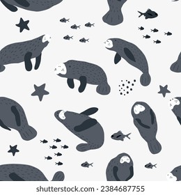 Manatee. Meerestiere nahtlose Muster. Cute Skandinavier Hintergrund für Stoff, Umhüllung, Textilien, Tapeten, Bekleidung.