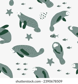 Manatee. Meerestiere nahtlose Muster. Cute Skandinavier Hintergrund für Stoff, Umhüllung, Textilien, Tapeten, Bekleidung.
