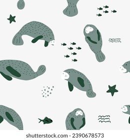 Manatee. Meerestiere nahtlose Muster. Cute Skandinavier Hintergrund für Stoff, Umhüllung, Textilien, Tapeten, Bekleidung.