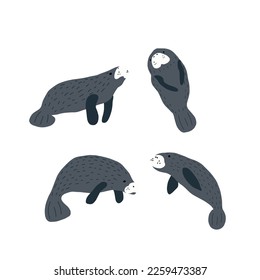 Manatee. Scandinavian style under sea. Save the manatee concept. Character design. Vector illustrations isolated on white background.