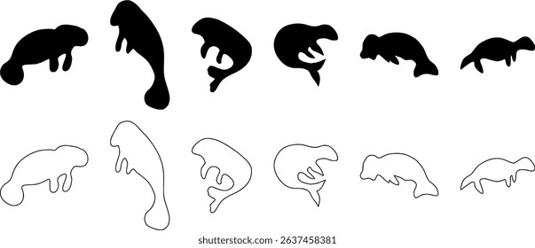 Manatee silhouette set, black hand drawn flat vector illustration of a Manatee, Manatee outline logo, marine life