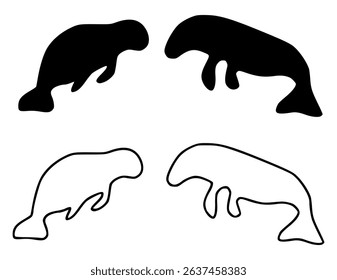 Manatee silhouette set, black hand drawn flat vector illustration of a Manatee, Manatee outline logo, marine life