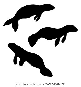 Manatee silhouette set, black hand drawn flat vector illustration of a Manatee, Manatee logo, marine life