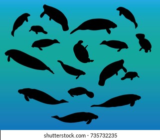 Manatee silhouette swimming in water different positions and sizes vector illustration clip art.