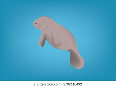 Manatee underwater in a blue background