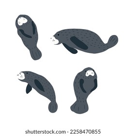 Manatees. Scandinavian style under sea. Save the manatee concept. Character design. Vector illustrations isolated on white background.