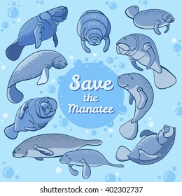 Manatees swimming in the ocean. Save the manatee concept. Vector illustration, character design.