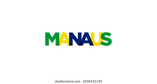 Manaus in the Brasil emblem for print and web. Design features geometric style, vector illustration with bold typography in modern font. Graphic slogan lettering isolated on white background.