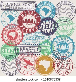 Manaus Brazil Set of Stamps. Travel Stamp. Made In Product. Design Seals Old Style Insignia.