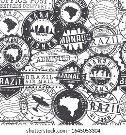 Manaus Brazil Stamps Background. A City Stamp Vector Art. Set of Postal Passport Travel. Design Set Pattern.