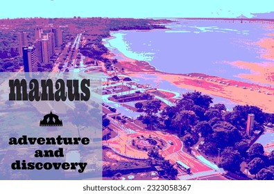 Manaus image with iconic Amazon river shoreline in retro style for home decor, t-shirts, posters, travel brochures and prints