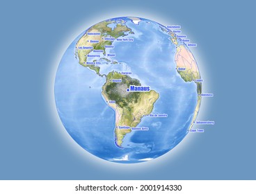 Manaus-Brazil is shown on vector globe map. The map shows Manaus-Brazil 's location in the world.
