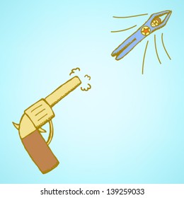 Man-bullet flying out of revolver, vector sketch illustration