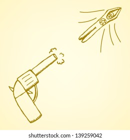 Man-bullet flying out of revolver, vector sketch illustration