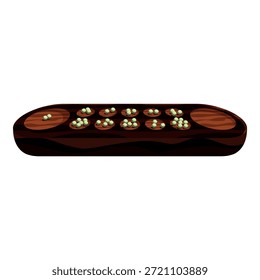 Mancala Brettspiel im Gange, mit kleinen grünen Samen über seine Holzfächer verteilt, bereit für den nächsten Zug