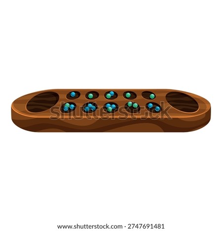 Mancala board game in progress, featuring colorful glass beads in wooden slots, representing strategic gameplay and cultural pastime