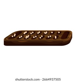 Jogo de tabuleiro de Mancala em andamento, destacando jogabilidade estratégica com pequenas pedras ou sementes