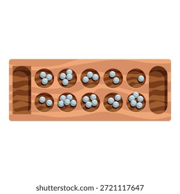 Juego de mesa Mancala configurado para jugar, mostrando piezas de tablero y juego de madera en progreso