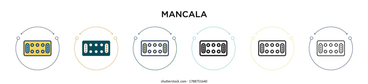 Mancala icon in filled, thin line, outline and stroke style. Vector illustration of two colored and black mancala vector icons designs can be used for mobile, ui, web